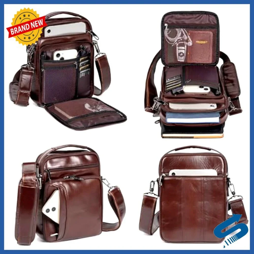Genuine Leather Messenger Bag, Adjustable Strap, 6 Pockets, Travel Organizer
